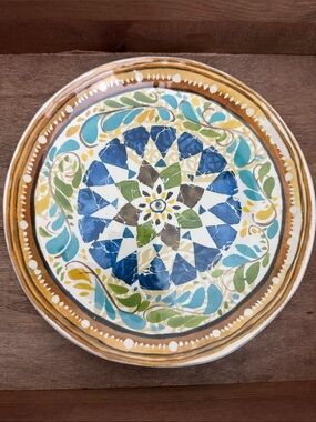 Pottery Barn Melamine Dessert/Salad  Plates in Blue, Green & Gold Set of 6
